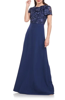 JS Collections Rae Floral Embroidered Bow Detail A-Line Gown Navy at Nordstrom,