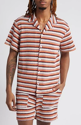 KROST Stripe Pointelle Short Sleeve Knit Button-Up Shirt White Multi at Nordstrom,