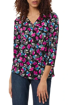 Jones New York Floral Keyhole V-Neck Top in Black/Orchid at Nordstrom, Size X-Small