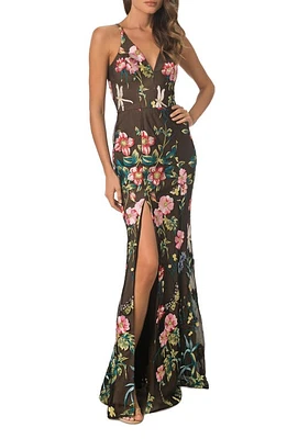 Dress the Population Iris Floral Embroidered Mermaid Gown Black Multi at Nordstrom,