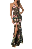 Dress the Population Iris Floral Embroidered Mermaid Gown Black Multi at Nordstrom,