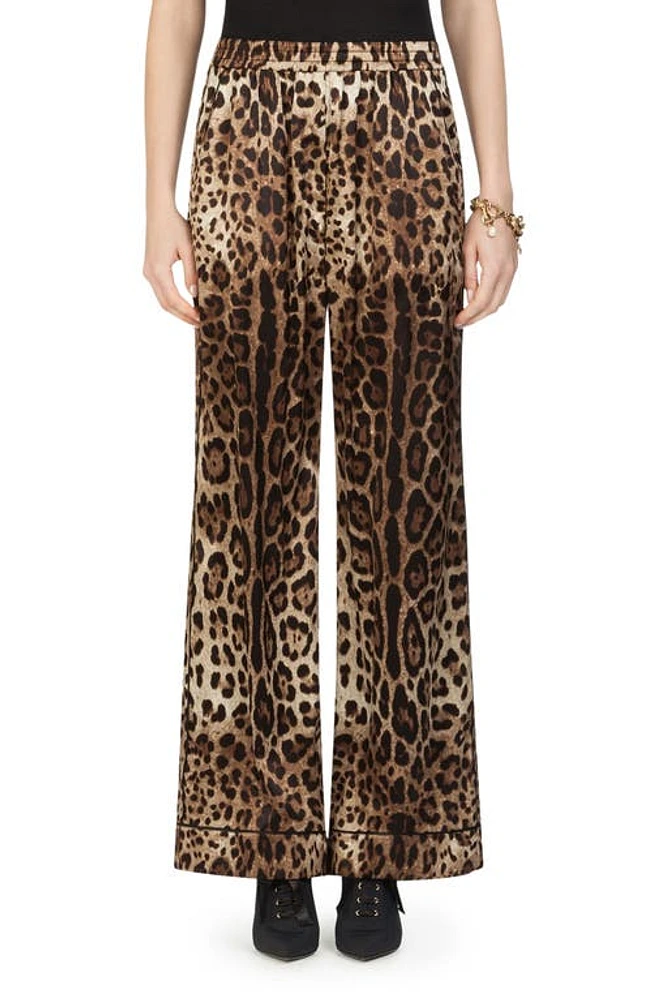 Dolce & Gabbana Leopard Print Wide Leg Stretch Silk Satin Pajama Pants Light Brown at Nordstrom, Us