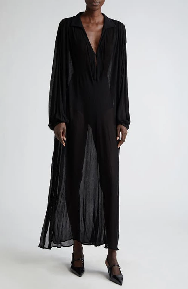 BITE Studios Sheer Long Sleeve Tunic Maxi Dress in Black at Nordstrom, Size Large