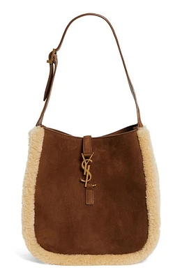 Saint Laurent Small Le 5 à 7 Genuine Shearling Hobo Bag in Dark Cigar/Natural Beige at Nordstrom