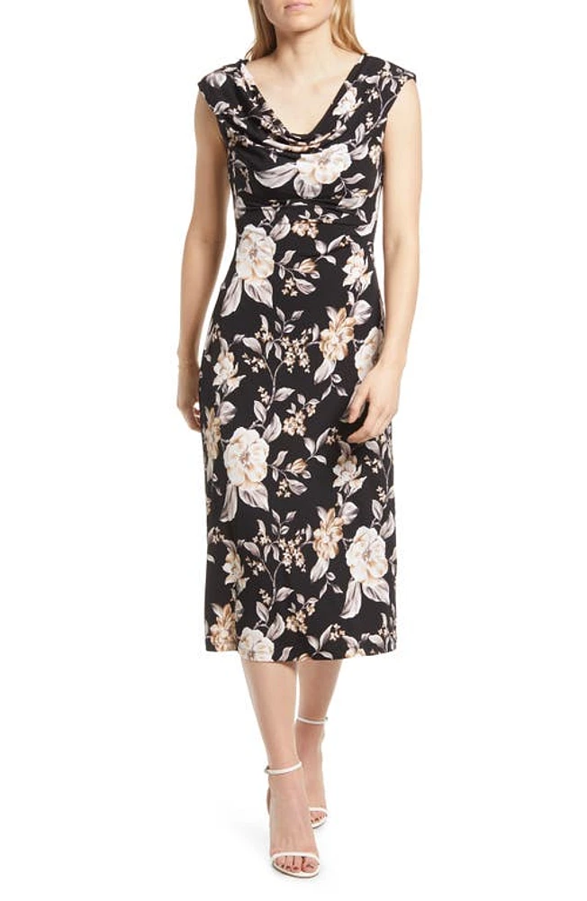 Connected Apparel Floral Print Cowl Neck Midi Dress Black at Nordstrom,