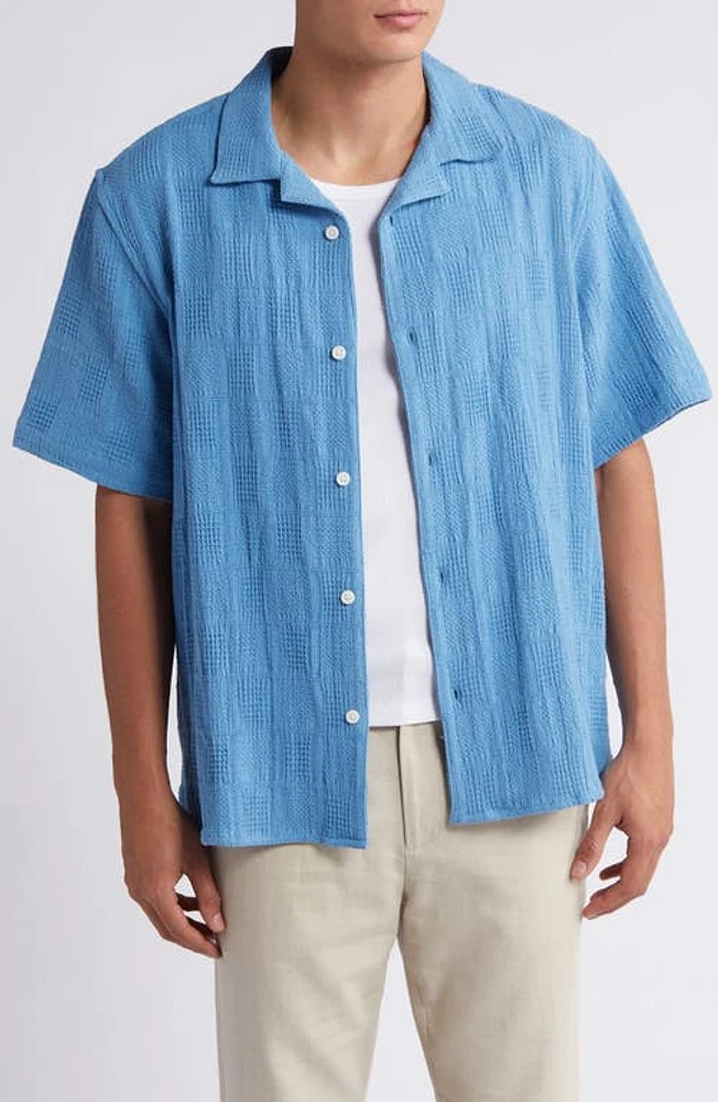 Wax London Didcot Relaxed Fit Patchwork Cotton Camp Shirt Blue at Nordstrom,