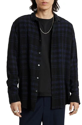 John Varvatos Orchard Textured Plaid Button-Up Shirt Blue Black at Nordstrom,