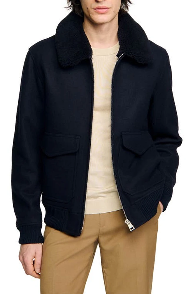 sandro Genuine Shearling Collar Aviator Jacket Marine at Nordstrom,