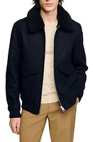 sandro Genuine Shearling Collar Aviator Jacket Marine at Nordstrom,