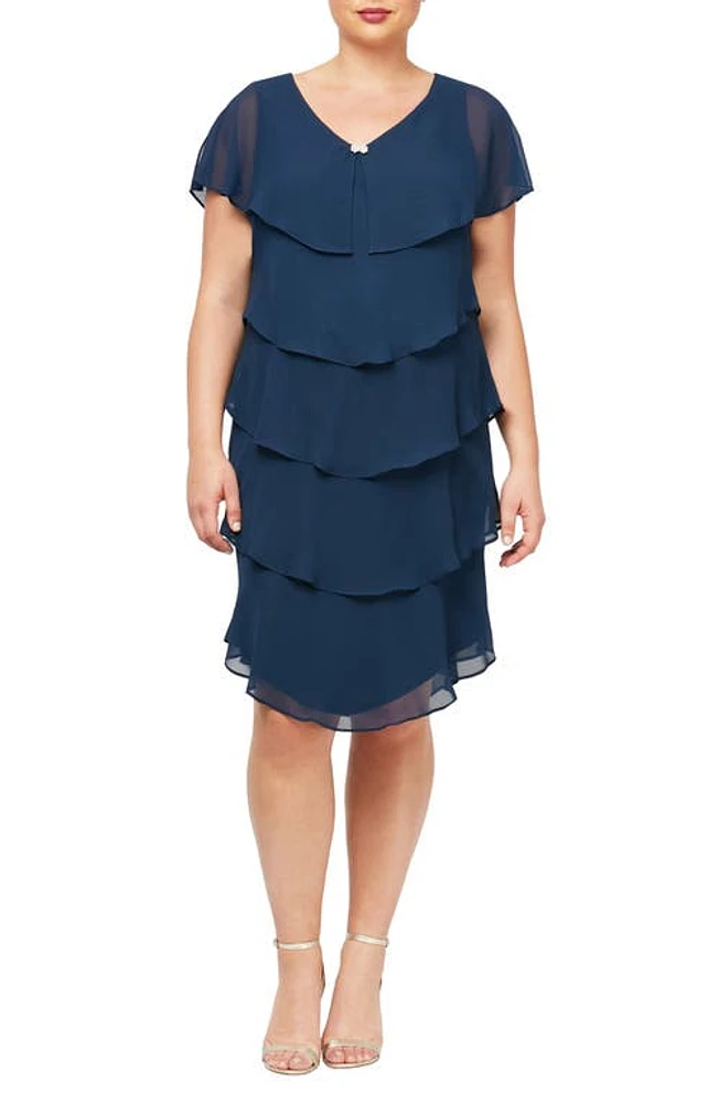 SLNY Pebble Georgette Tiered Dress in Navy at Nordstrom, Size 14W