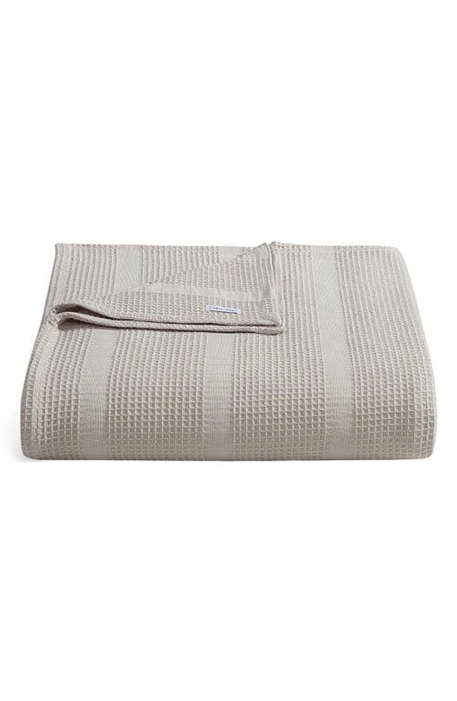 Calvin Klein Waffle Weave Stripe Cotton Blanket in Beige/Tan at Nordstrom