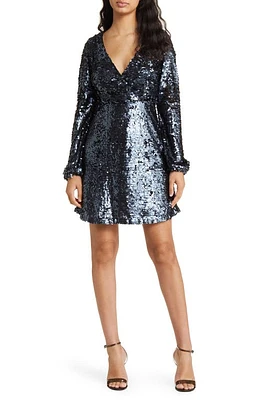 French Connection Bisma Sequin Long Sleeve Faux Wrap Cocktail Dress Gunmetal Silver at Nordstrom,