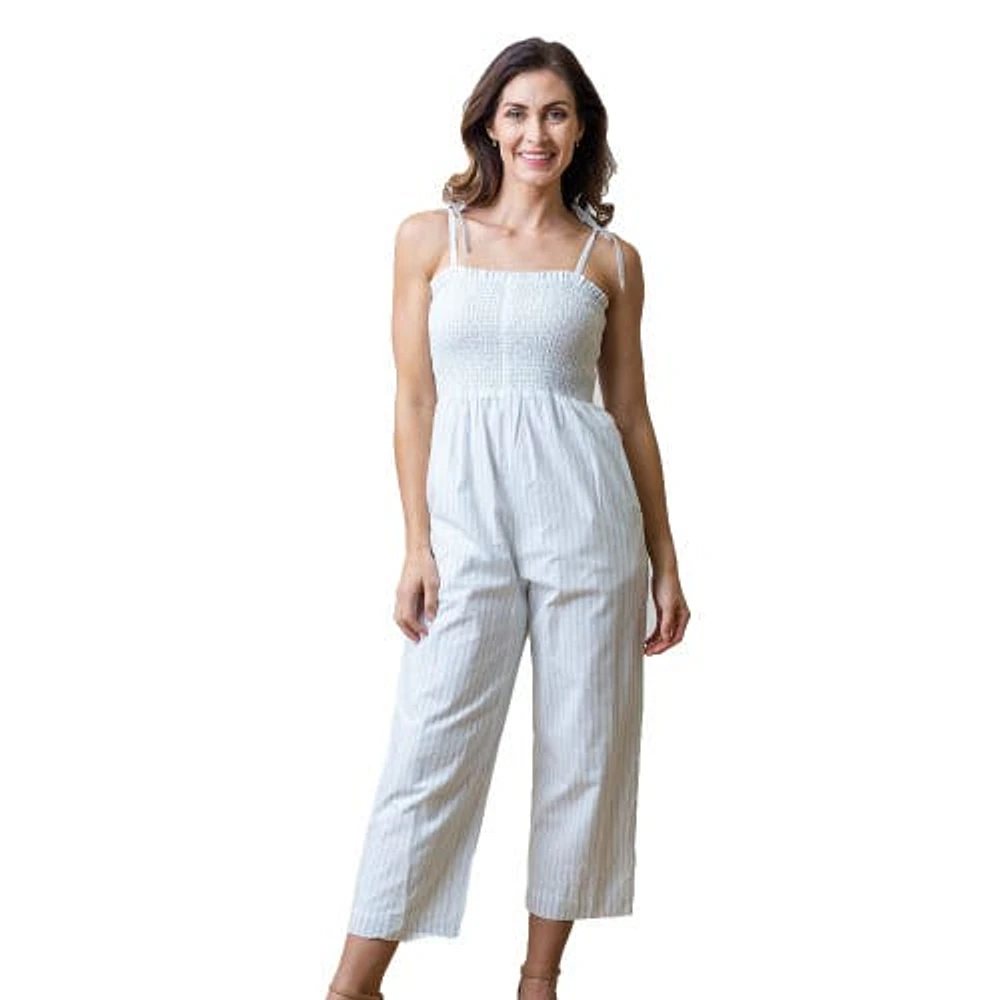 Hope & Henry Womens' Smocked Button Front Jumpsuit in Classic Blue Ticking Stripe at Nordstrom