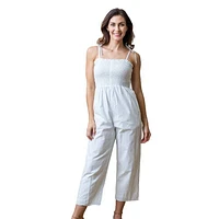 Hope & Henry Womens' Smocked Button Front Jumpsuit in Classic Blue Ticking Stripe at Nordstrom