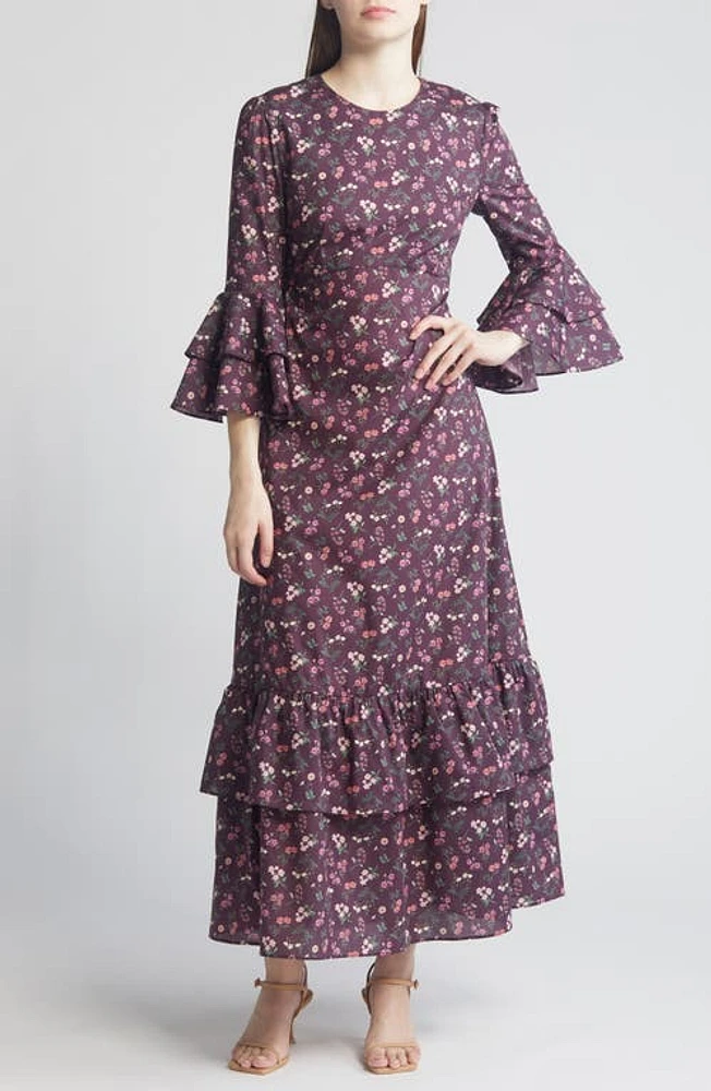 Liberty London Gala Floral Tiered Cotton Maxi Dress in Aubergine at Nordstrom, Size X-Large