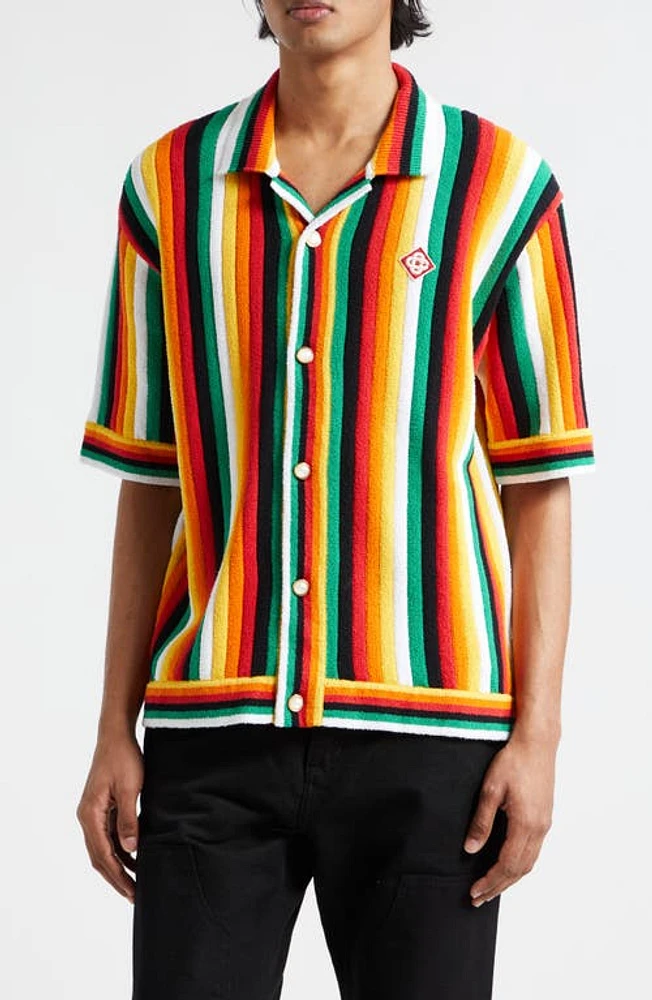 Casablanca Stripe Terry Cloth Camp Shirt in Green Multi at Nordstrom, Size Large