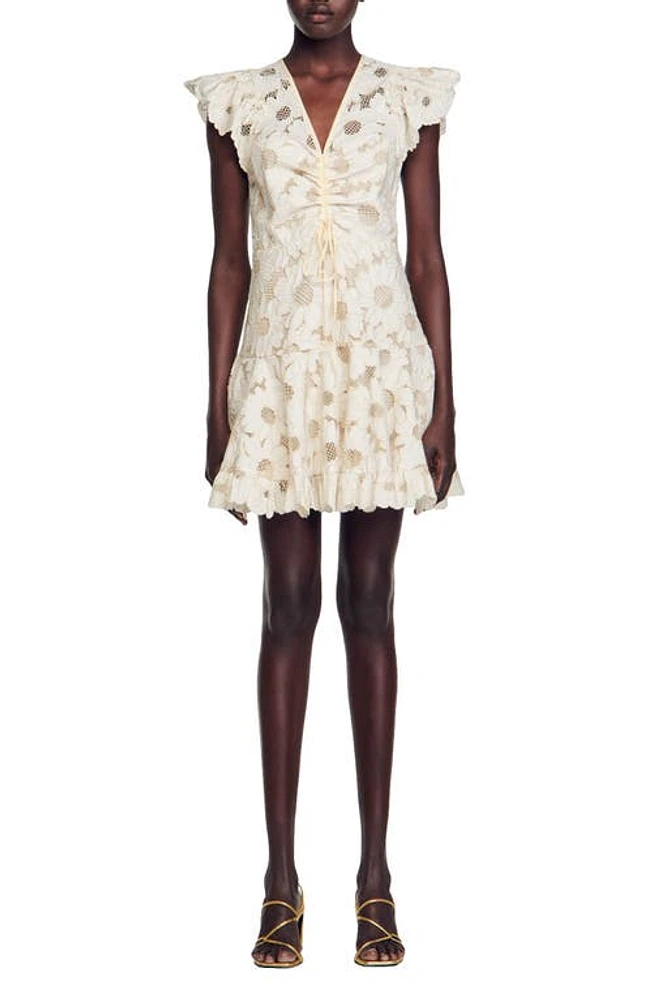 sandro Danie Floral Guipure Lace Dress Ecru /Gold at Nordstrom,