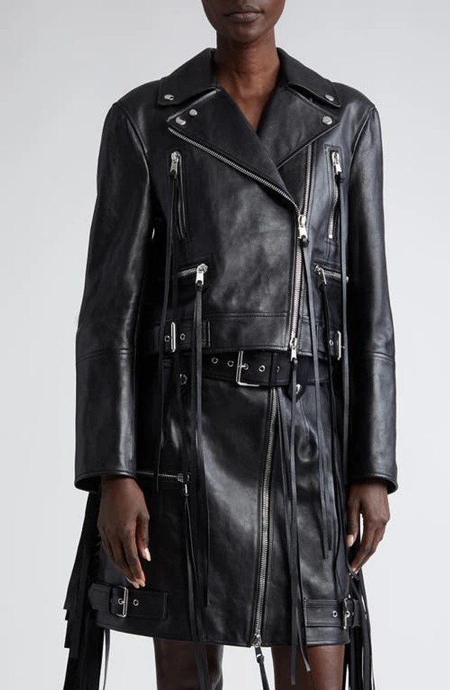 Alexander McQueen Fringe Trim Leather Biker Jacket Black at Nordstrom, Us