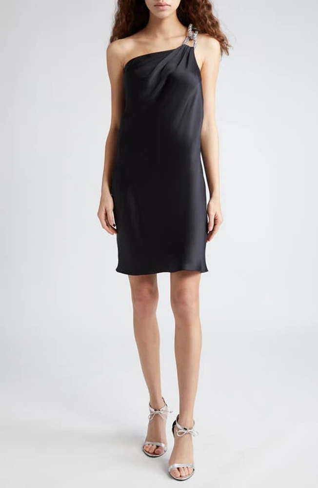 Stella McCartney Falabella Crystal Chain Strap One-Shoulder Satin Minidress Black at Nordstrom, Us