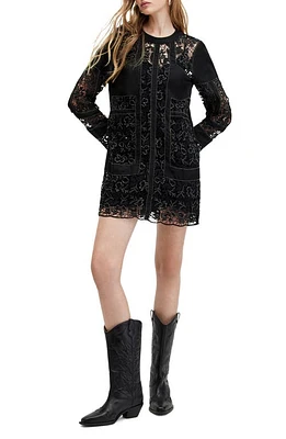 AllSaints Noush Beaded Lace Trim Long Sleeve Linen Blend Minidress Jet Black at Nordstrom, Us