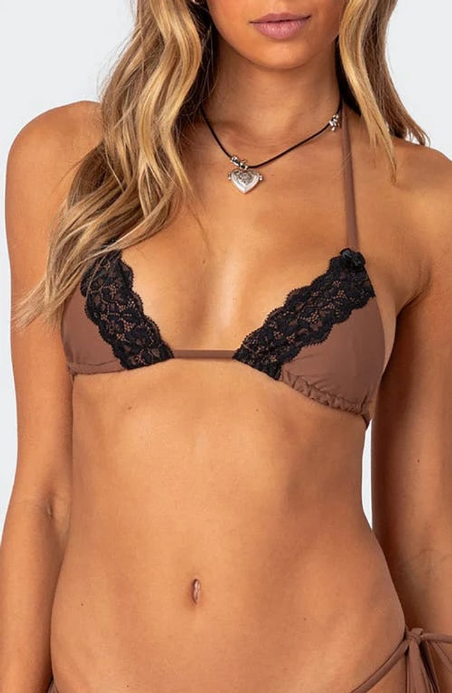 EDIKTED Cassey Lace Trim Triangle Bikini Top Brown at Nordstrom,