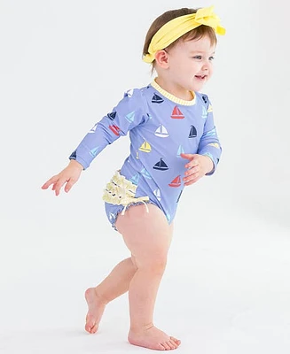 RuffleButts Girls Long Sleeve UPF50+ One Piece Rash Guard in Down By The Bay at Nordstrom