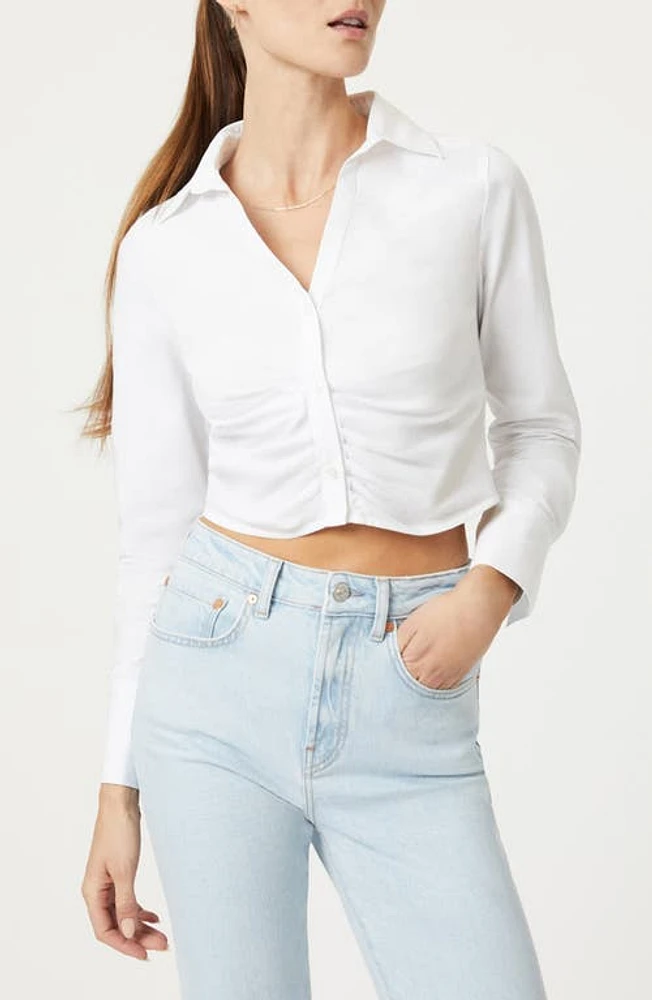 Mavi Jeans Ruched Crop Cotton Button-Up Shirt White at Nordstrom,