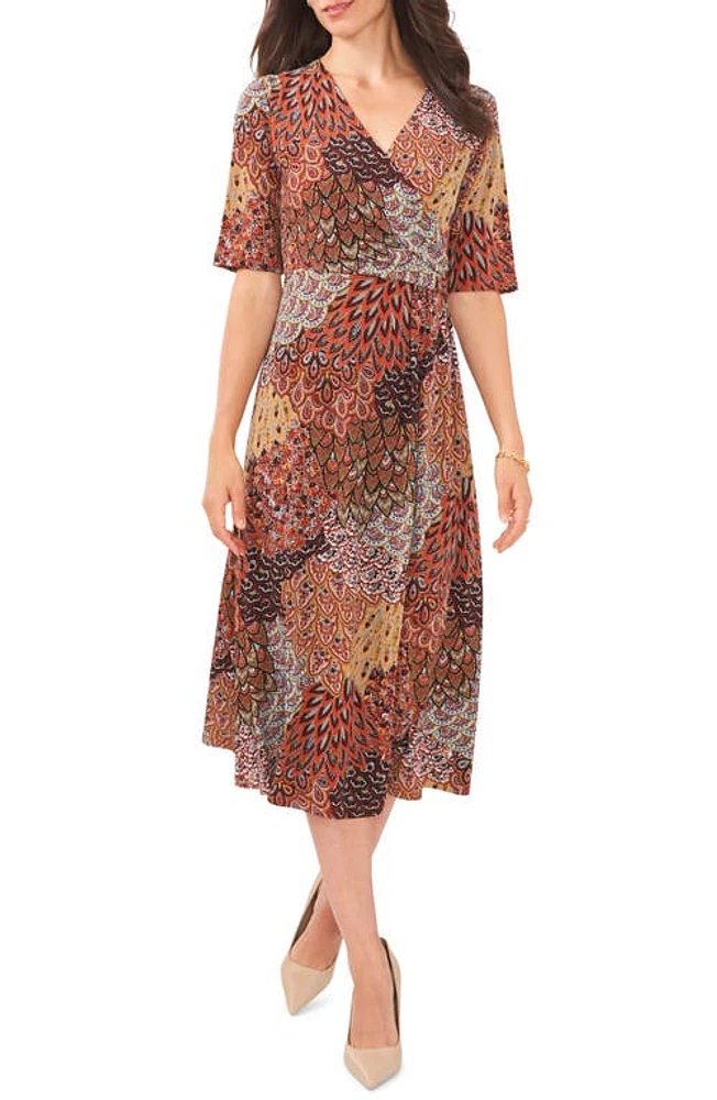 Chaus Mixed Print Faux Wrap Midi Dress Spice Red at Nordstrom,