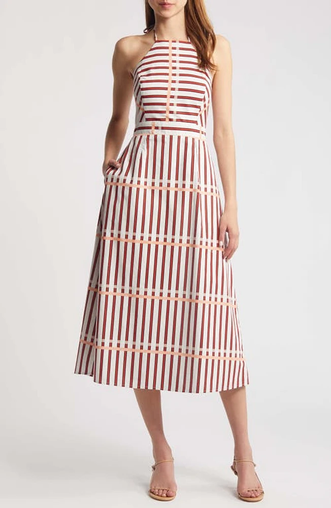 Du Paradis St. Tropez Stripe Halter Neck Midi Dress Coral Reef at Nordstrom,