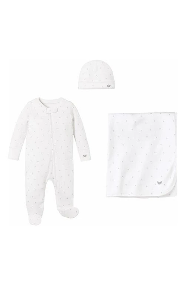 Petite Plume Welcome Home Cotton Footie, Hat & Blanket Set in White at Nordstrom, Size 3-6M