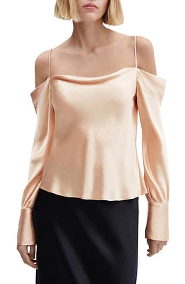 MANGO Drape Neck Cold Shoulder Satin Top Ecru at Nordstrom,