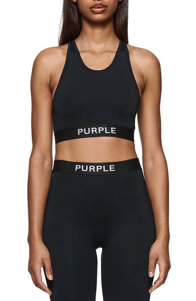 PURPLE BRAND Logo Tape Racerback Sports Bra Black at Nordstrom,