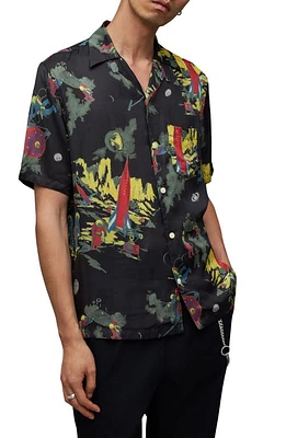 AllSaints Cosmonaut Short Sleeve Satin Button-Up Shirt Jet Black at Nordstrom,