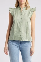 CeCe Pleated Cap Sleeve Stretch Cotton Button-Up Shirt at Nordstrom,