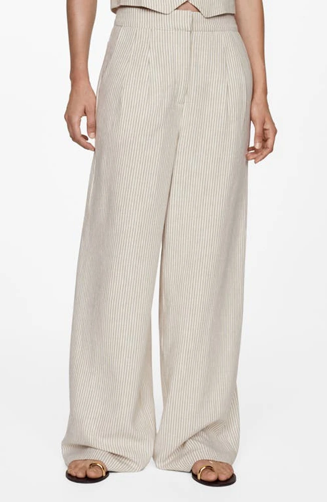 MANGO Bali Stripe Wide Leg Linen Blend Pants Light Beige at Nordstrom,