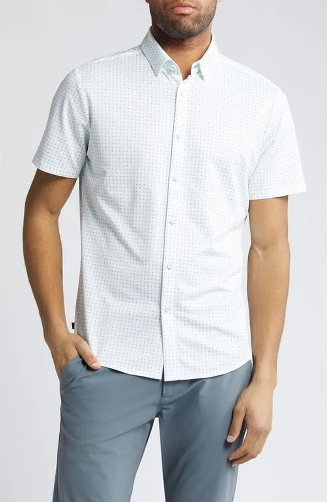 Mizzen+Main Halyard Neat Short Sleeve Performance Knit Button-Up Shirt White/Blue at Nordstrom,