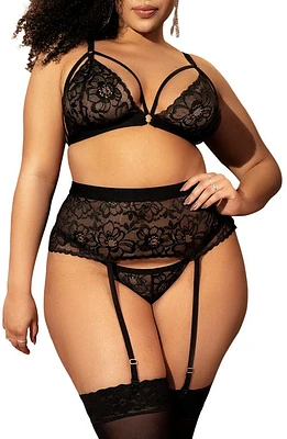 Mapale Lace Bralette, Thong and Garter Belt Black at Nordstrom,