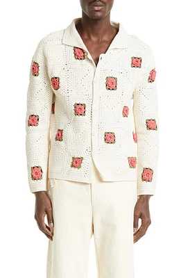 Bode Rosette Crochet Cotton Button-Up Shirt in Pink White at Nordstrom, Size Medium