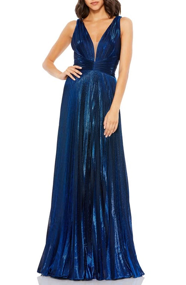 Mac Duggal Metallic Pleated Plunge Gown Sapphire at Nordstrom,