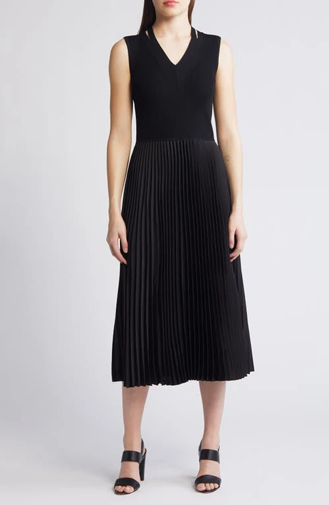 BOSS Farara Mixed Media Sleeveless Pleated Dress Black at Nordstrom,