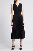 BOSS Farara Mixed Media Sleeveless Pleated Dress Black at Nordstrom,