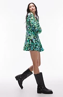 Topshop Floral Long Sleeve Chiffon Minidress Medium Green at Nordstrom, Us