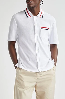 Thom Browne Short Sleeve Knit Cotton Button-Up Shirt White at Nordstrom,