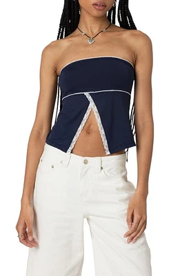 EDIKTED Lace Trim Split Front Tube Top Navy at Nordstrom,