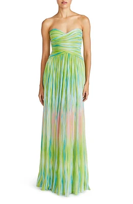 ML Monique Lhuillier Mila Pleated Print Strapless Chiffon Gown Electric Stripe at Nordstrom,