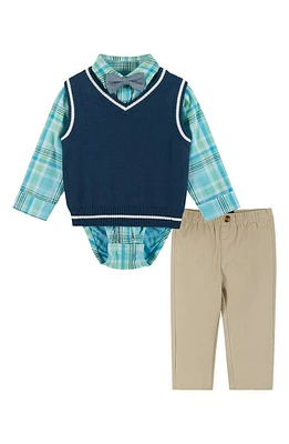 Andy & Evan Plaid Button-Up Bodysuit, Sweater Vest, Bow Tie Pants Set Green at Nordstrom,