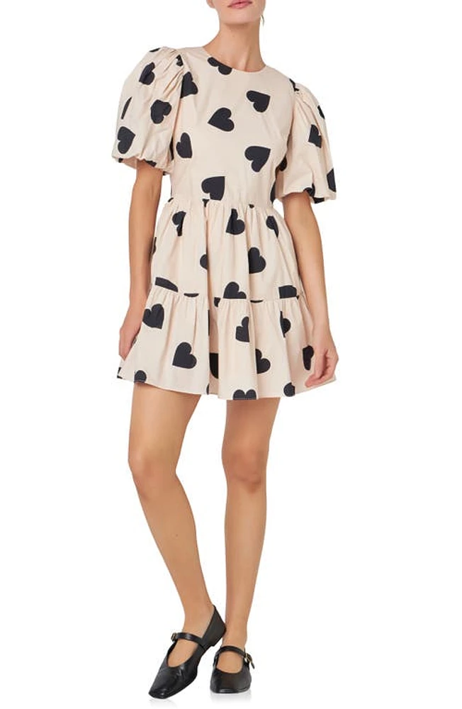 English Factory Heart Print Back Cutout Minidress Ivory/Black at Nordstrom,