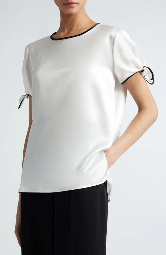 Max Mara Pania Bow Sleeve Contrast Trim Silk Top White at Nordstrom,