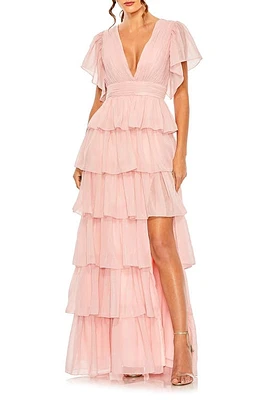 Ieena for Mac Duggal Metallic Flutter Sleeve Ruffle Tiered Gown at Nordstrom,