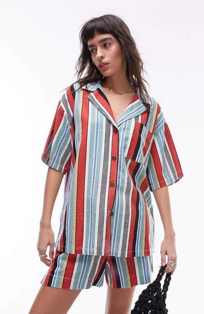 Topshop Stripe Oversize Linen Blend Button-Up Shirt White Multi at Nordstrom, Us